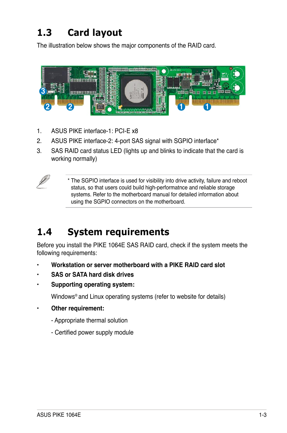 3 card layout, 4 system requirements, Card layout -3 | System requirements -3 | Asus LSISAS1064E User Manual | Page 9 / 42