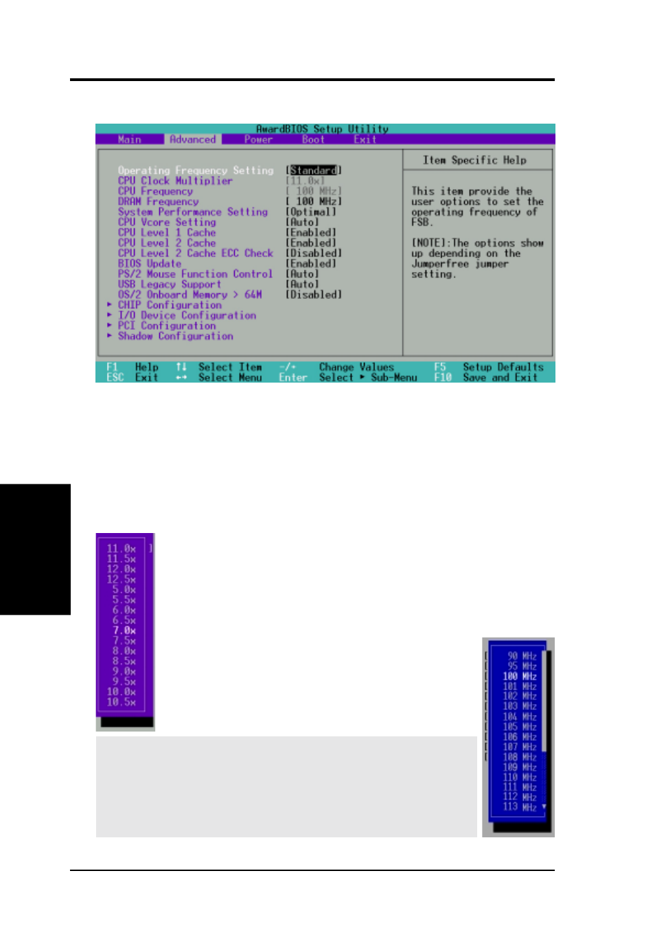 Bios setup, 4 advanced menu | Asus A7V User Manual | Page 58 / 100