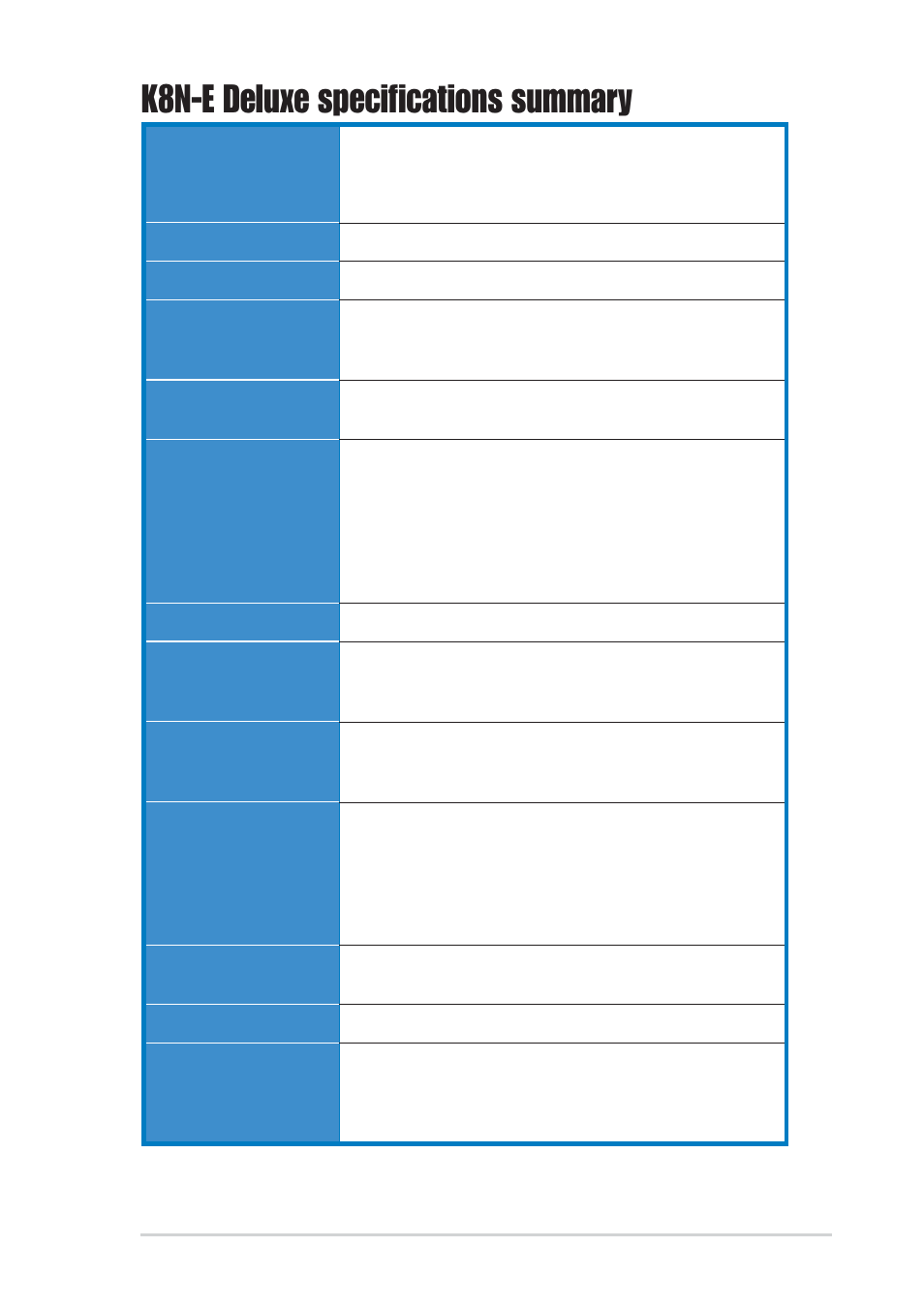 K8n-e deluxe specifications summary | Asus MOTHERBOARD K8N-E User Manual | Page 11 / 128