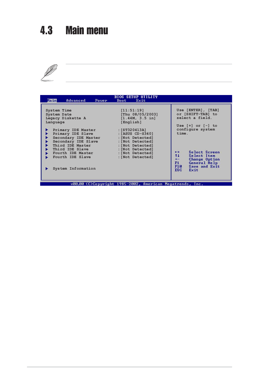 3 main menu, 4 language [english, 12 chapter 4: bios setup | Allows you to set the system time, Allows you to set the system date | Asus MOTHERBOARD K8N-E User Manual | Page 76 / 128