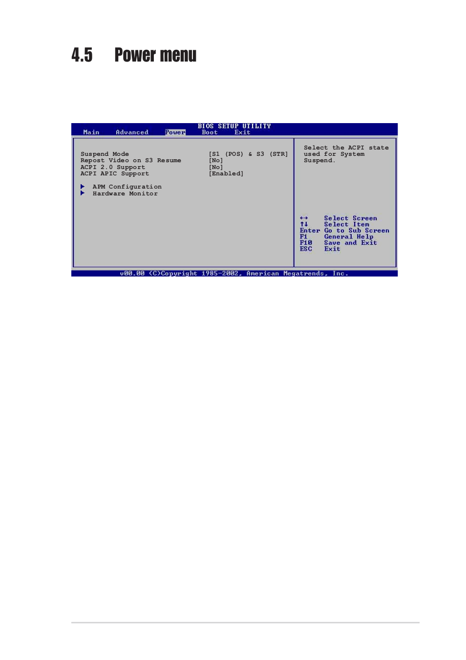 5 power menu, 1 suspend mode [s3 only, 2 repost video on s3 resume [no | 3 acpi 2.0 support [no, 4 acpi apic support [enabled | Asus MOTHERBOARD K8N-E User Manual | Page 91 / 128