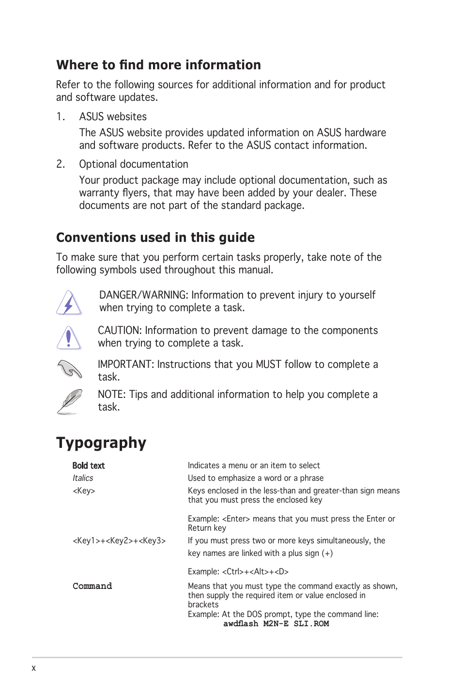 Typography, Conventions used in this guide, Where to find more information | Asus M2N-E SLI User Manual | Page 10 / 140