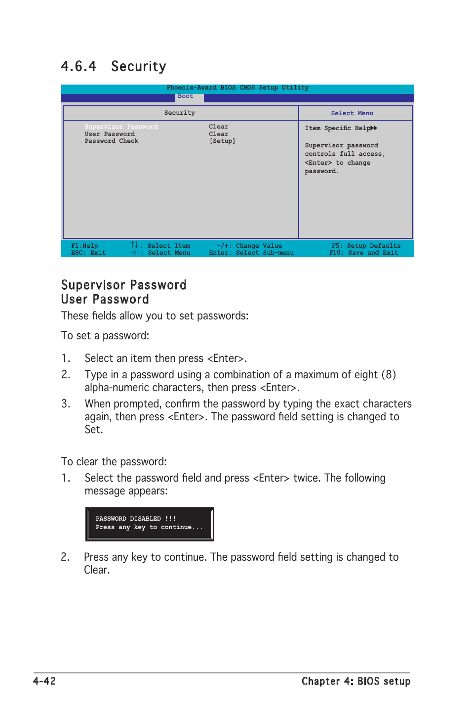 4 security, Supervisor password user password | Asus M2N-E SLI User Manual | Page 100 / 140