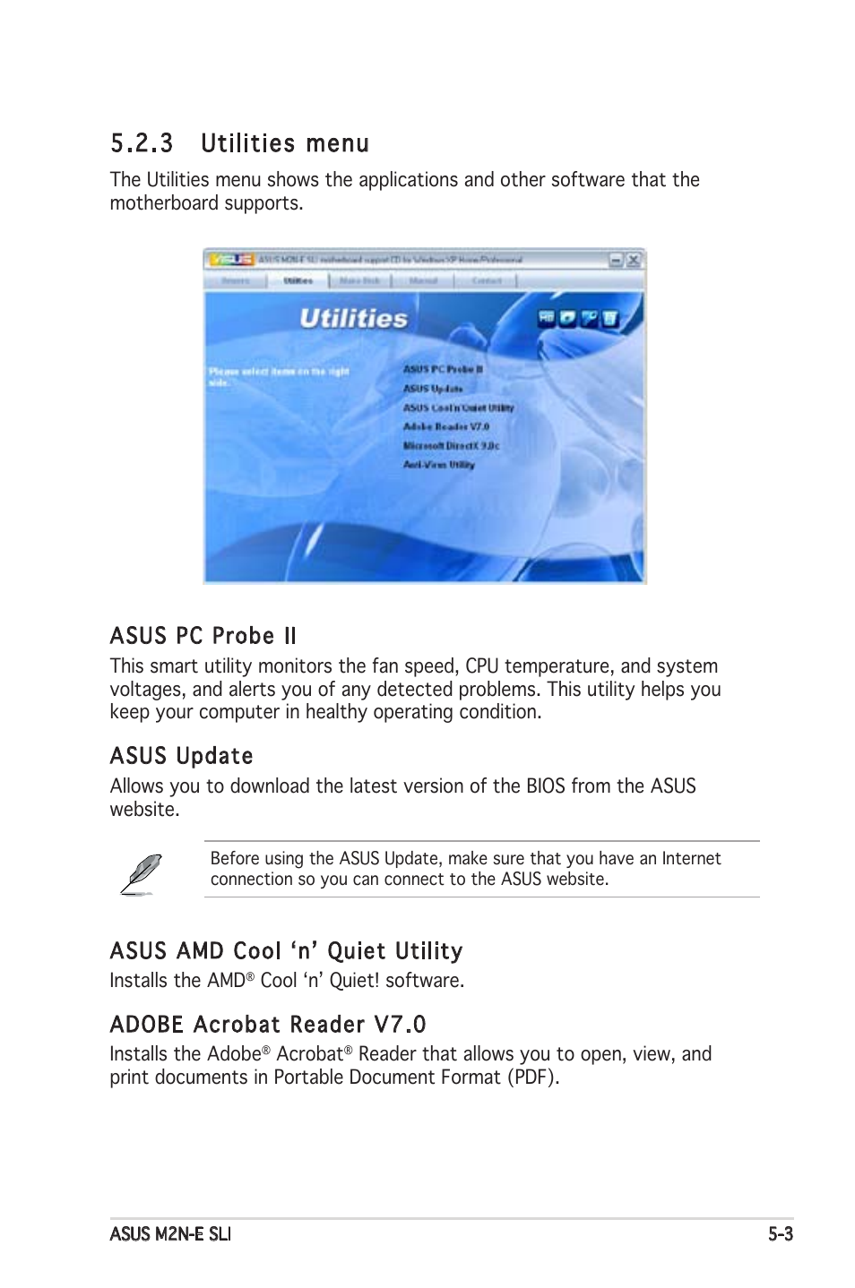 3 utilities menu, Asus pc probe ii, Asus update | Asus amd cool ‘n’ quiet utility, Adobe acrobat reader v7.0 | Asus M2N-E SLI User Manual | Page 109 / 140