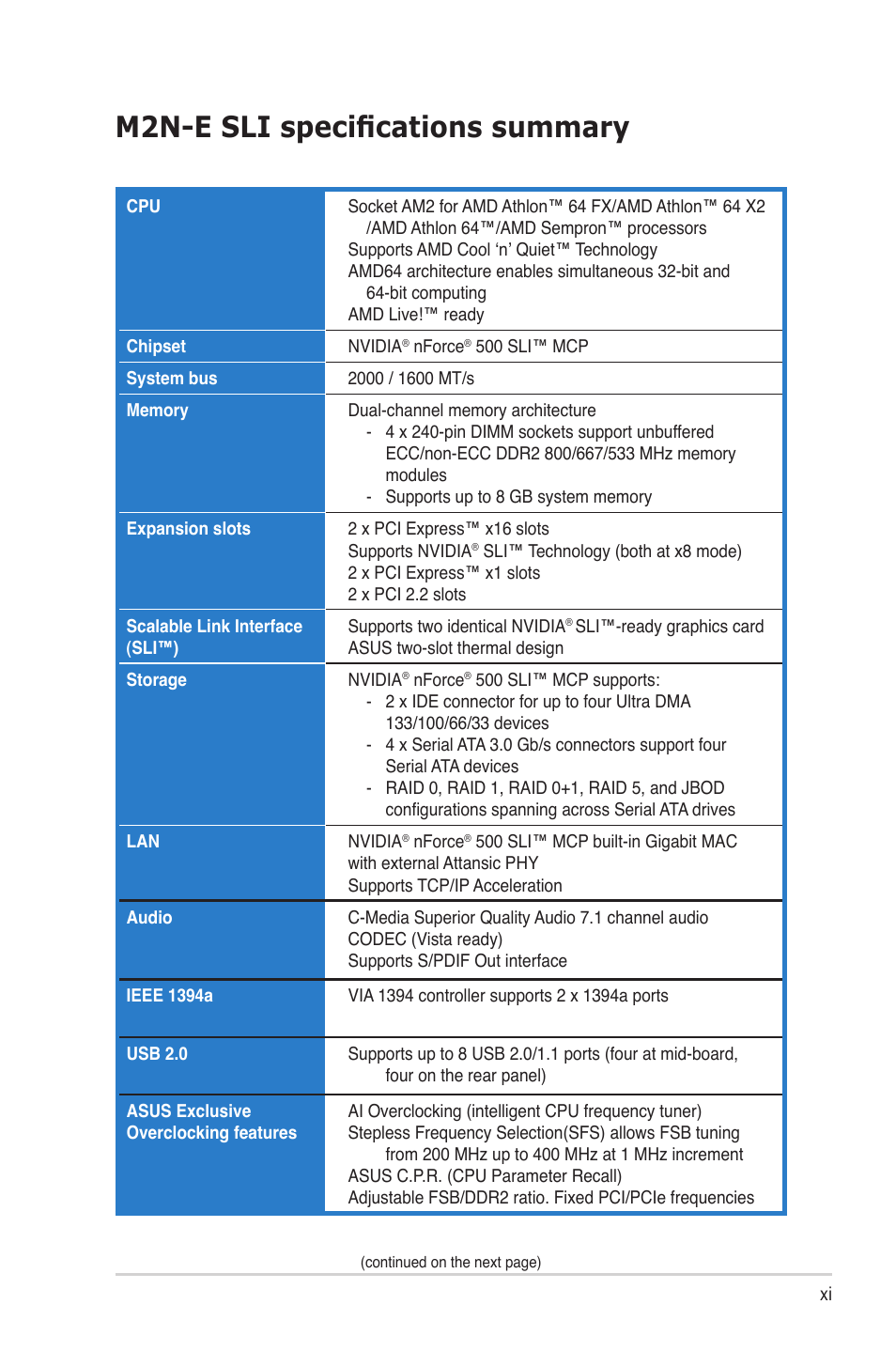 M2n4-sli specifications summary, M2n-e sli specifications summary | Asus M2N-E SLI User Manual | Page 11 / 140