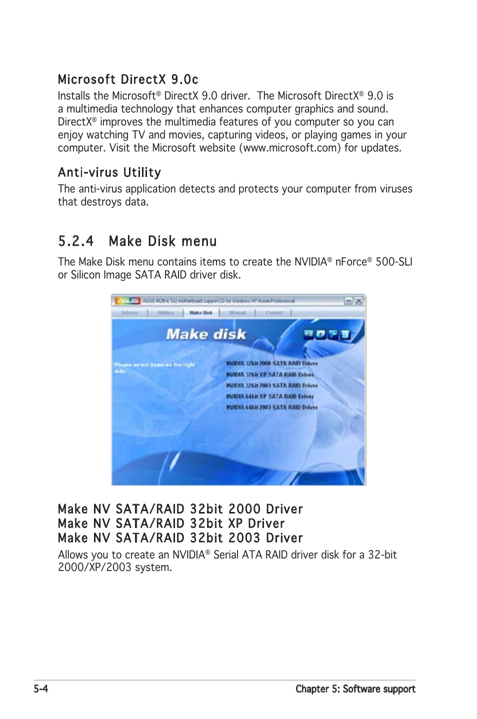 4 make disk menu, Microsoft directx 9.0c, Anti-virus utility | Asus M2N-E SLI User Manual | Page 110 / 140