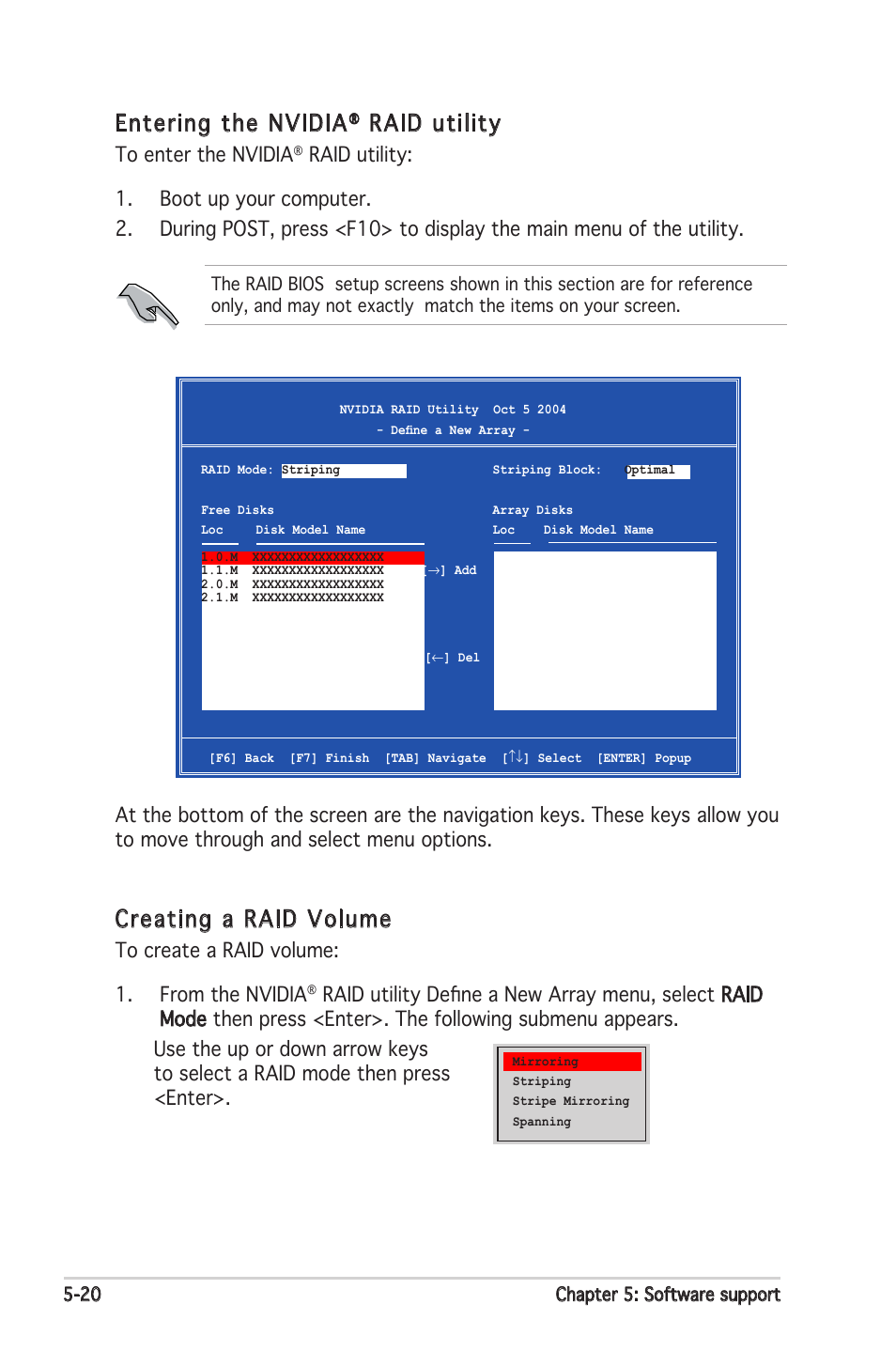 Entering the nvidia, Raid utility, Creating a raid volume | Asus M2N-E SLI User Manual | Page 126 / 140