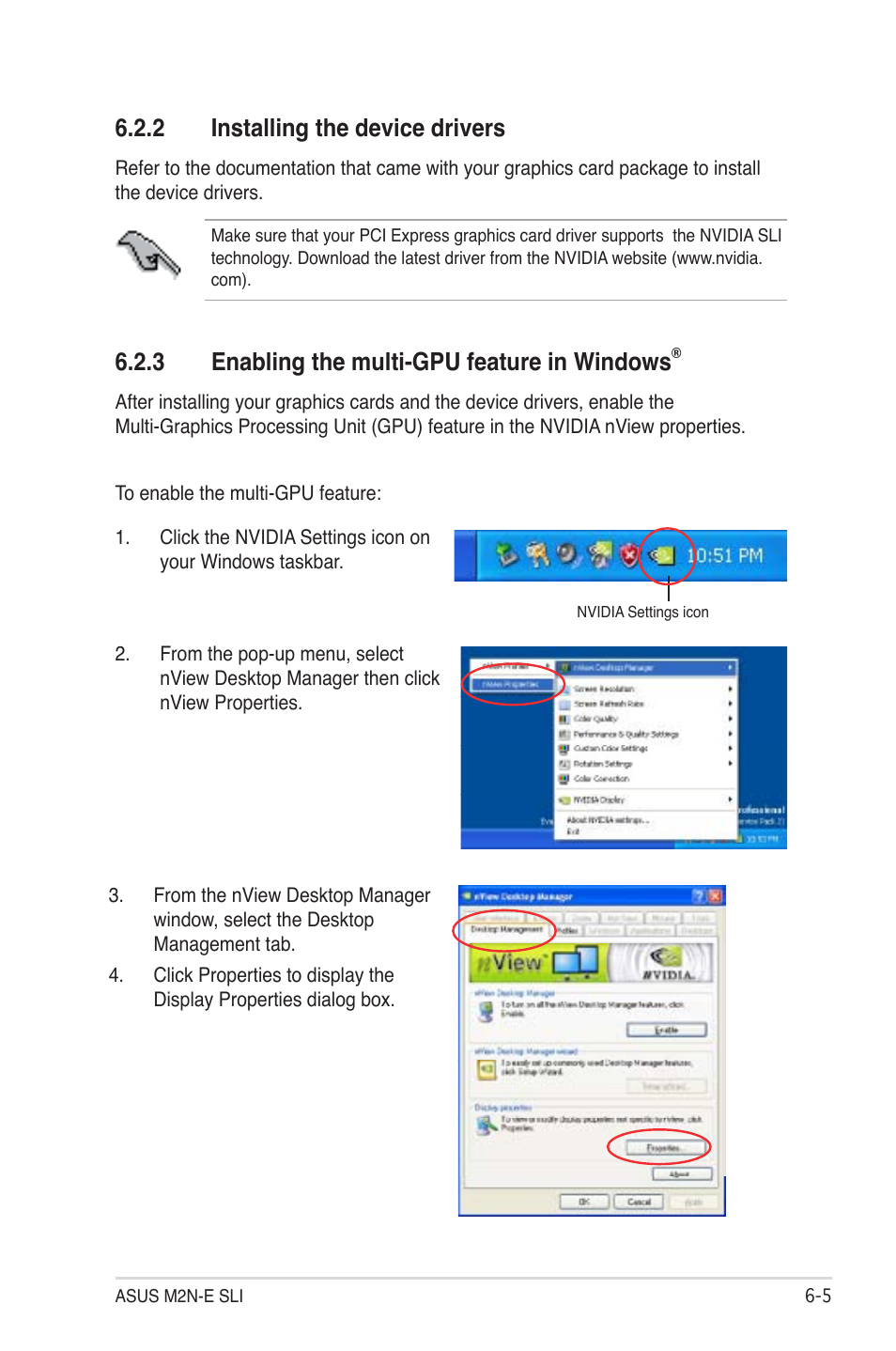 2 installing the device drivers, 3 enabling the multi-gpu feature in windows | Asus M2N-E SLI User Manual | Page 139 / 140