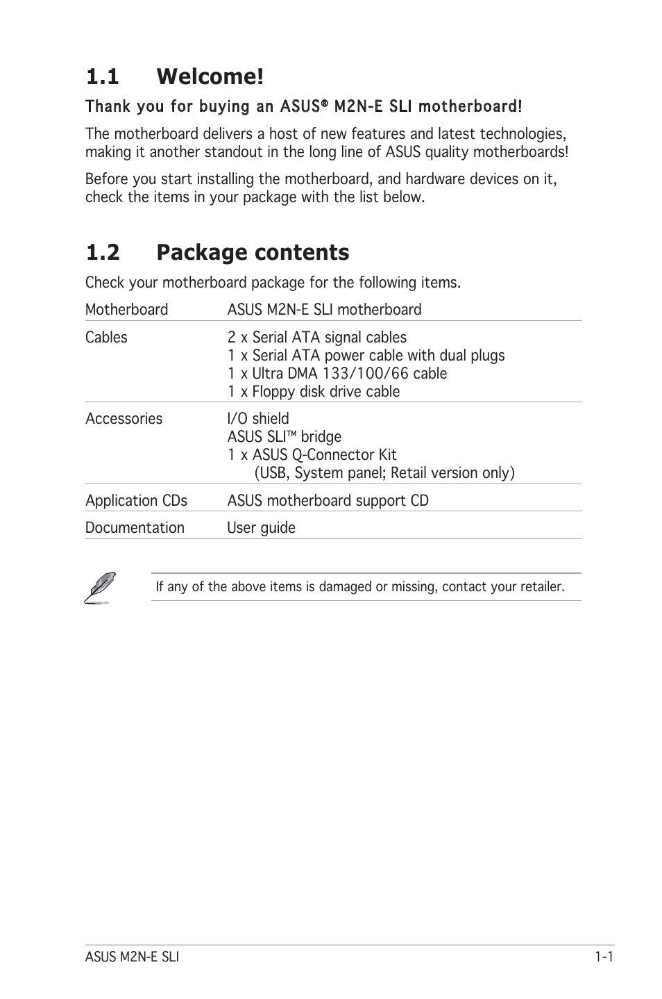 1 welcome, 2 package contents | Asus M2N-E SLI User Manual | Page 15 / 140