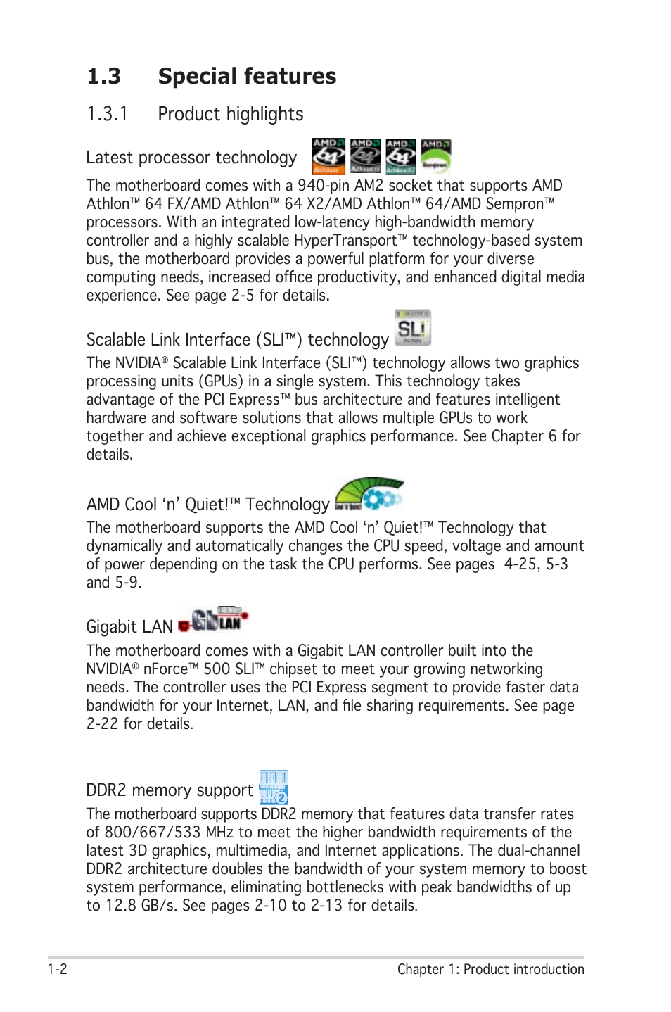 3 special features, 1 product highlights | Asus M2N-E SLI User Manual | Page 16 / 140