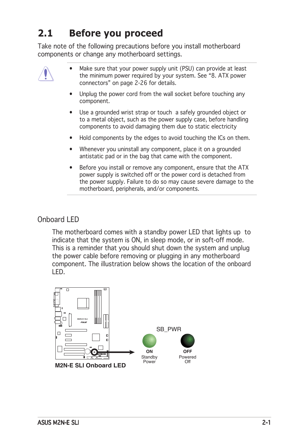 1 before you proceed, Onboard led | Asus M2N-E SLI User Manual | Page 21 / 140