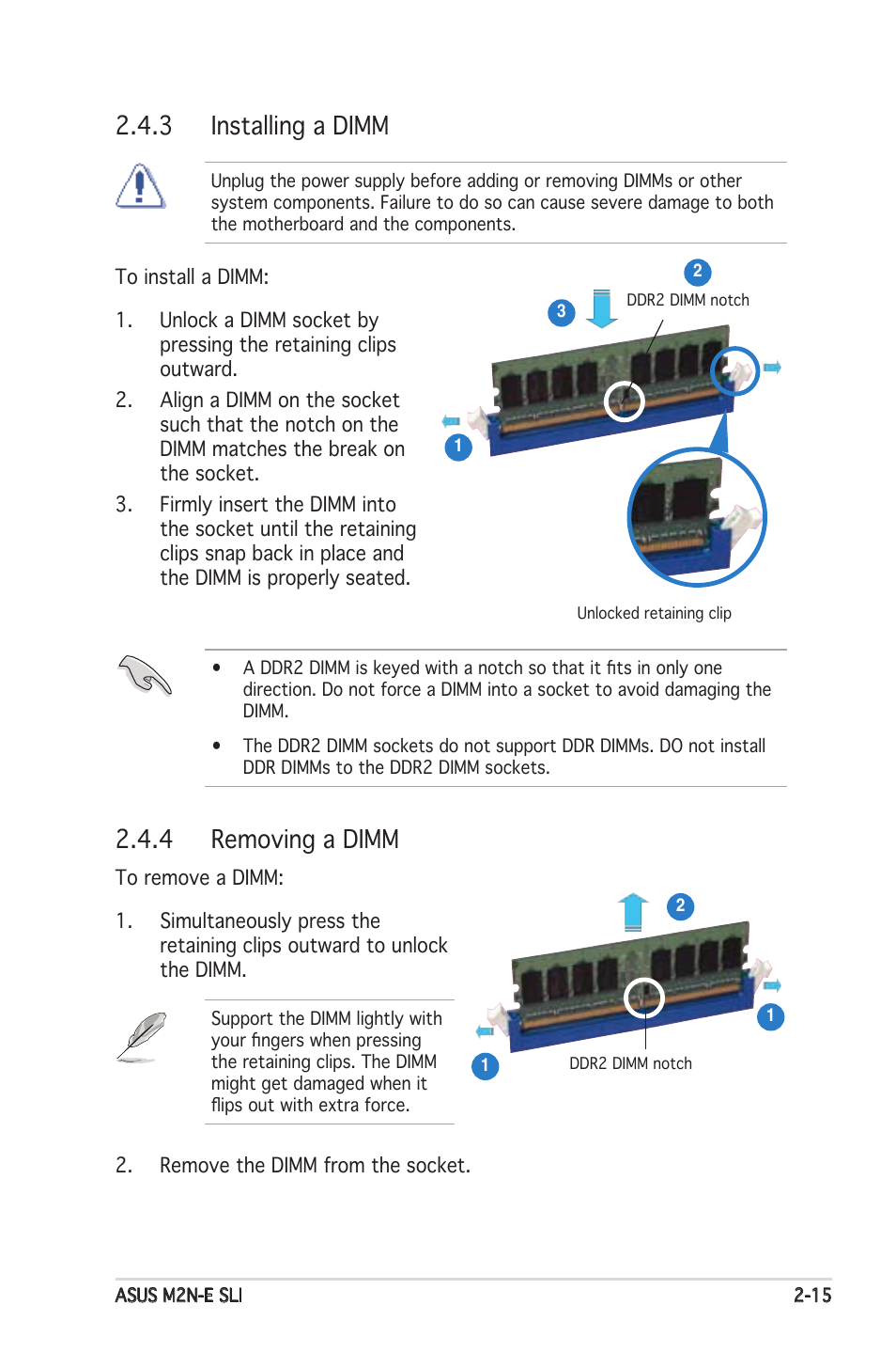 3 installing a dimm, 4 removing a dimm | Asus M2N-E SLI User Manual | Page 35 / 140