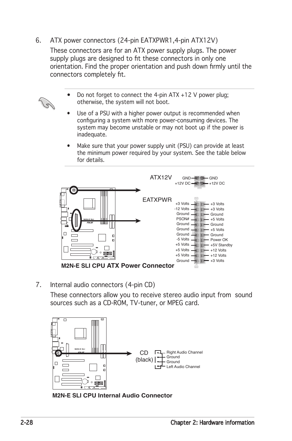 Atx power connector, 28 chapter 2: hardware information, M2n-e sli cpu | Atx12v, Eatxpwr, M2n-e sli cpu internal audio connector cd (black) | Asus M2N-E SLI User Manual | Page 48 / 140