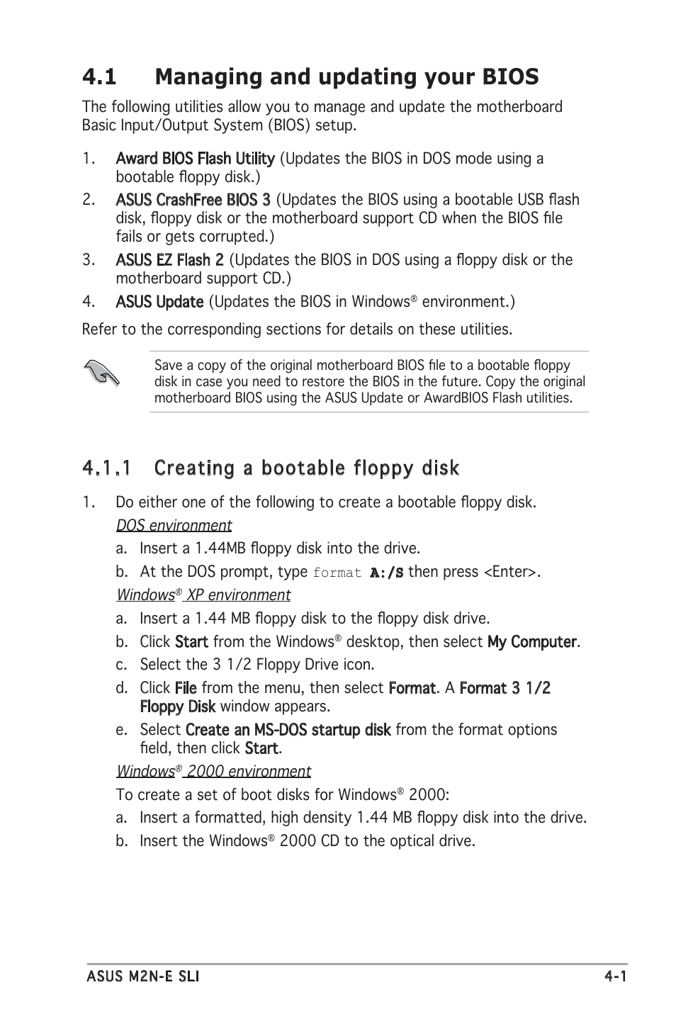 1 managing and updating your bios, 1 creating a bootable floppy disk | Asus M2N-E SLI User Manual | Page 59 / 140