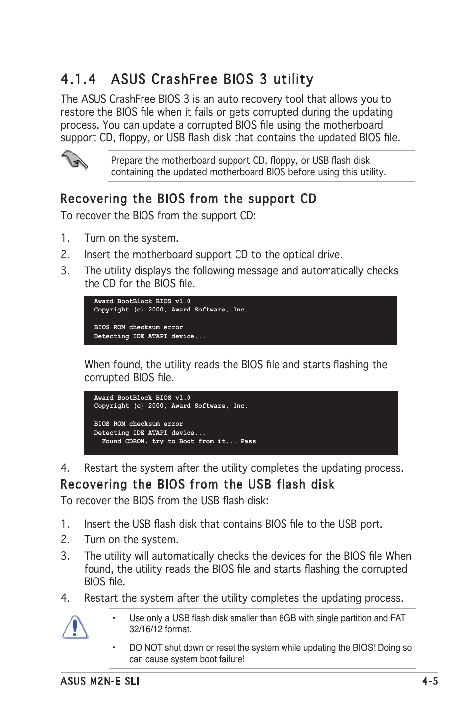 4 asus crashfree bios 3 utility, Recovering the bios from the support cd, Recovering the bios from the usb flash disk | Asus M2N-E SLI User Manual | Page 63 / 140