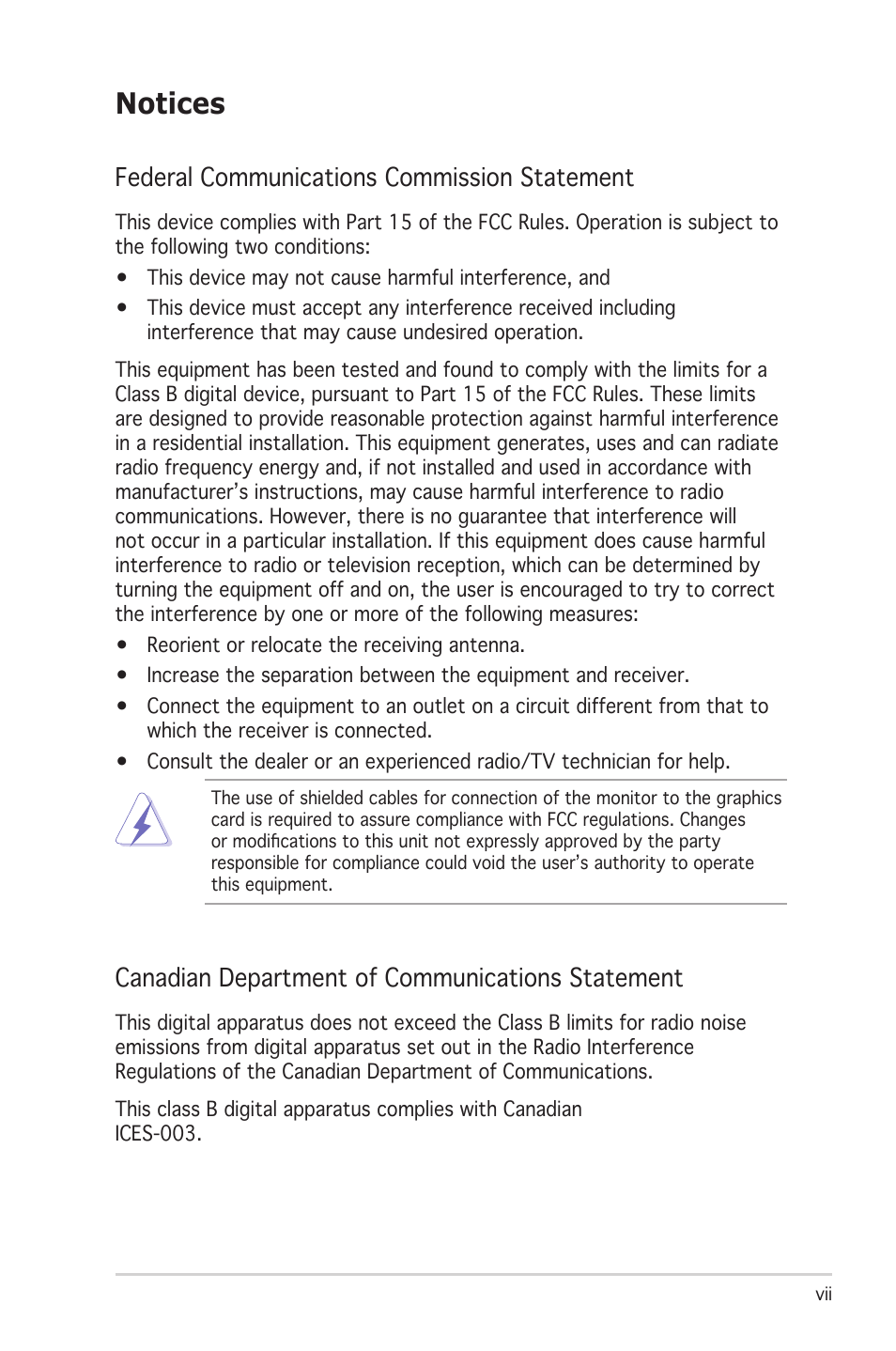 Notices, Federal communications commission statement, Canadian department of communications statement | Asus M2N-E SLI User Manual | Page 7 / 140