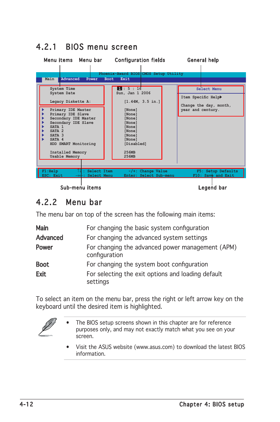 2 menu bar, 1 bios menu screen | Asus M2N-E SLI User Manual | Page 70 / 140