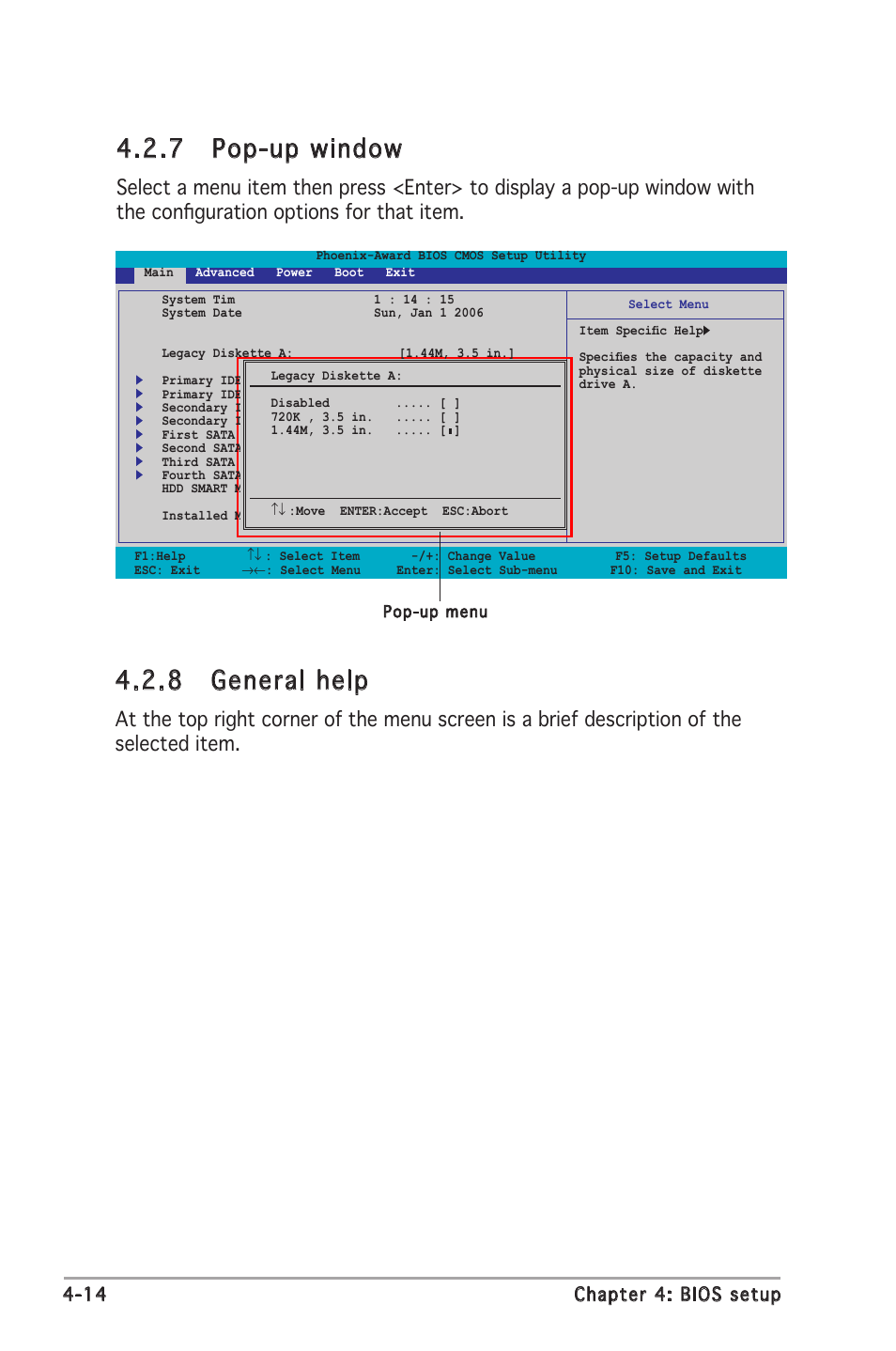 7 pop-up window, 8 general help, 14 chapter 4: bios setup | Asus M2N-E SLI User Manual | Page 72 / 140