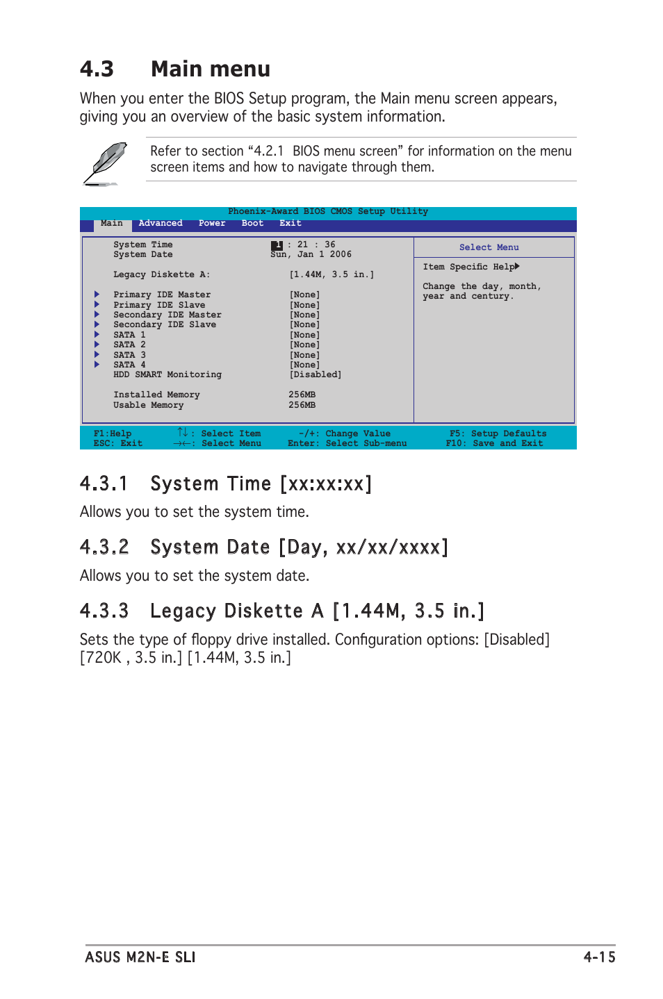 3 main menu, 1 system time [xx:xx:xx, Allows you to set the system time | Allows you to set the system date | Asus M2N-E SLI User Manual | Page 73 / 140