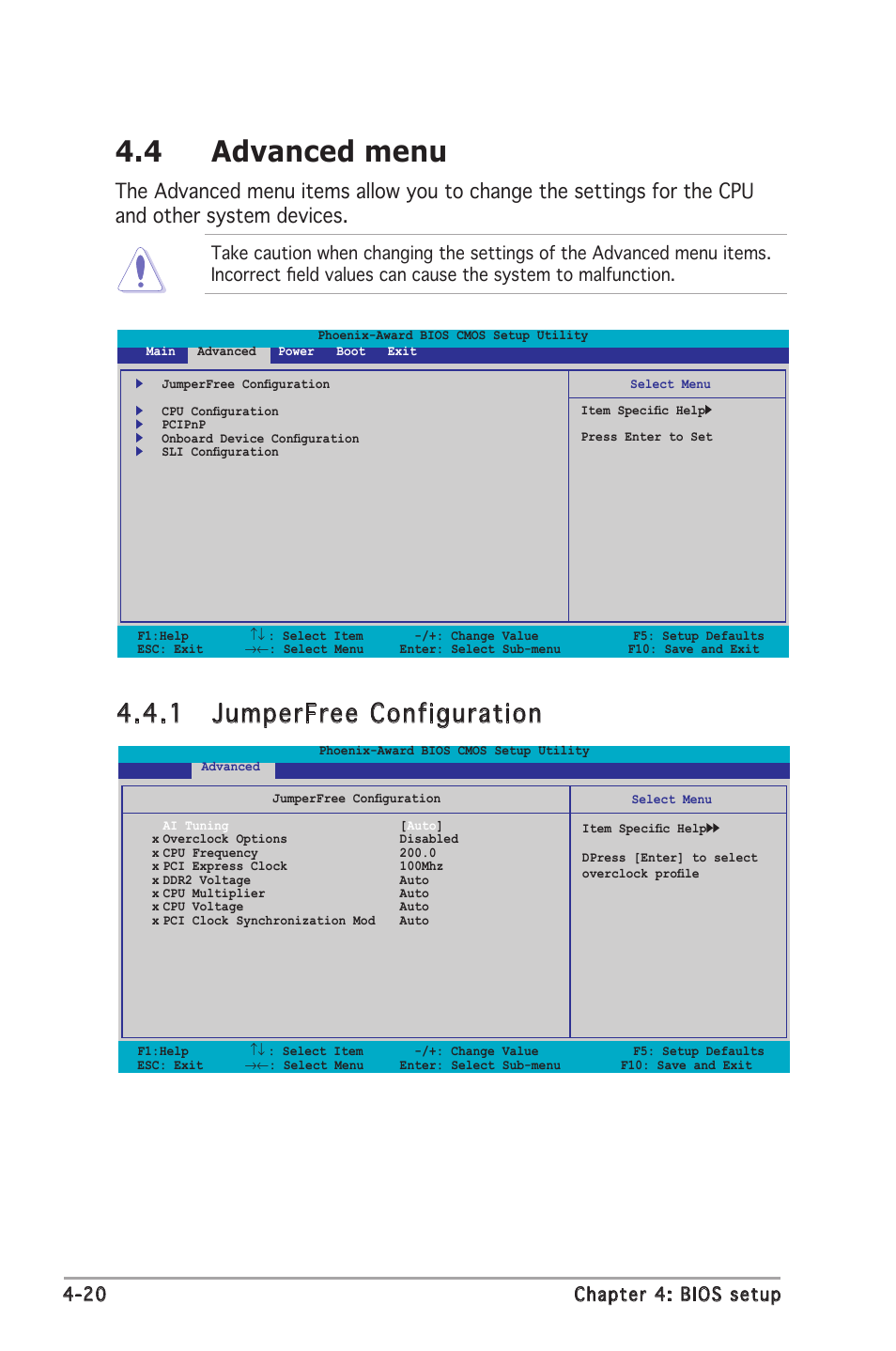 4 advanced menu, 1 jumperfree configuration, 20 chapter 4: bios setup | Asus M2N-E SLI User Manual | Page 78 / 140