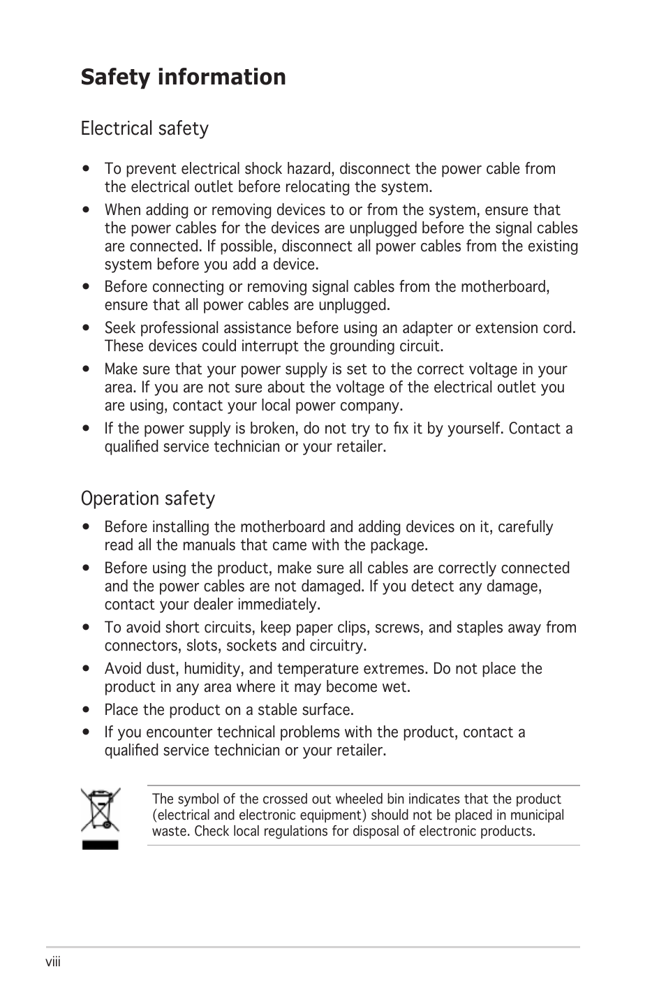 Safety information, Electrical safety, Operation safety | Asus M2N-E SLI User Manual | Page 8 / 140