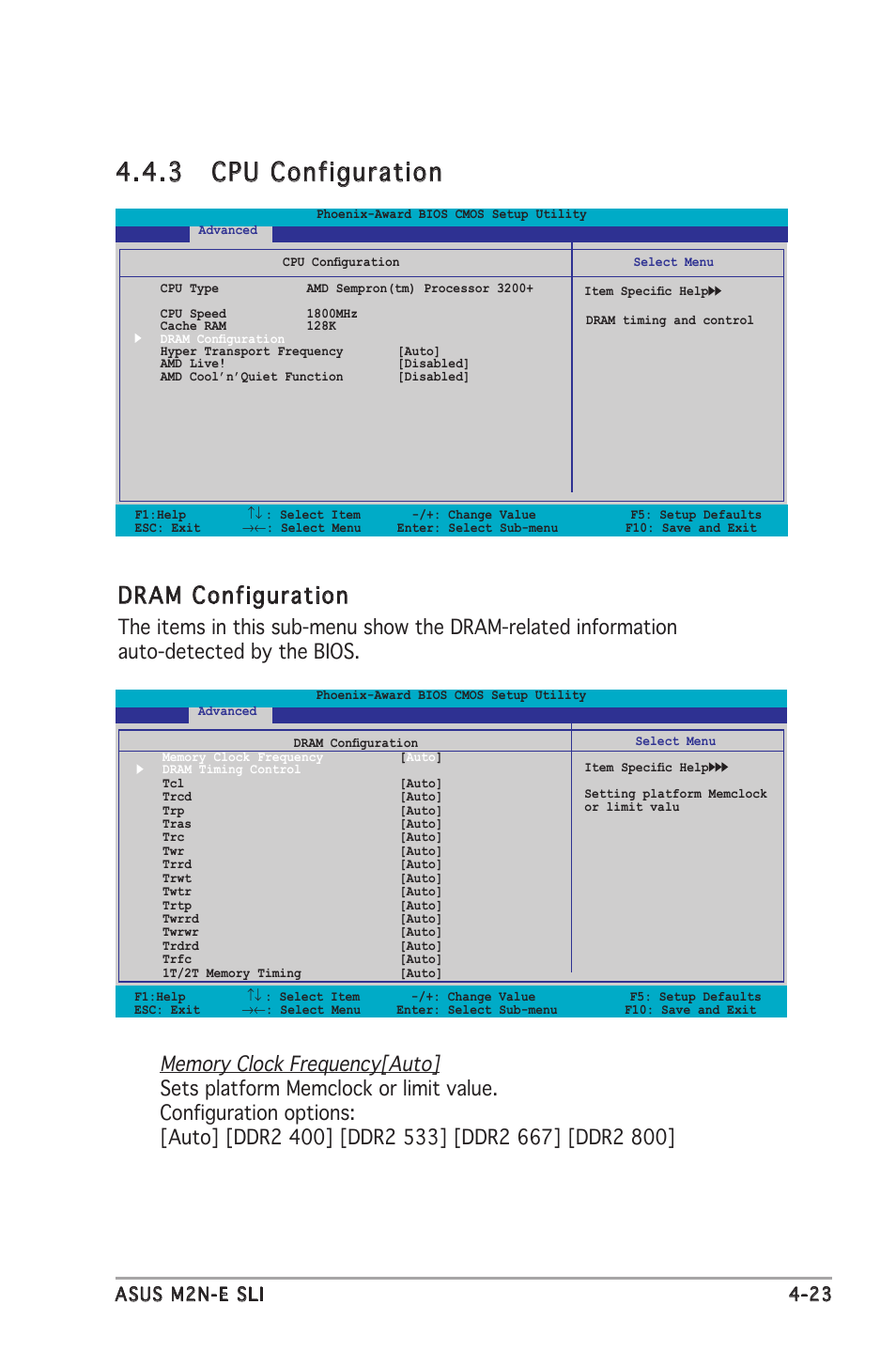 3 cpu configuration, Dram configuration, Asus m2n-e sli 4-23 | Asus M2N-E SLI User Manual | Page 81 / 140