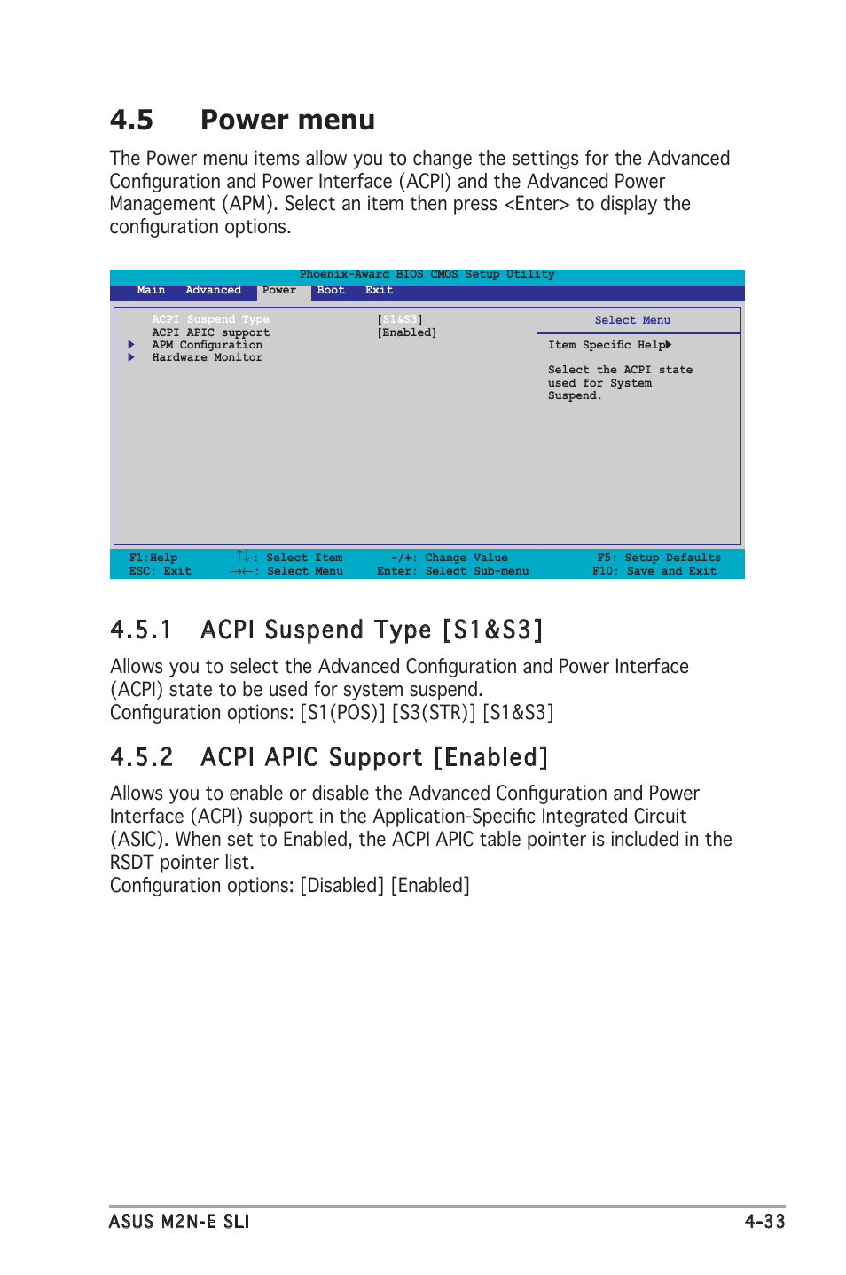 5 power menu, 1 acpi suspend type [s1&s3, 2 acpi apic support [enabled | Asus M2N-E SLI User Manual | Page 91 / 140