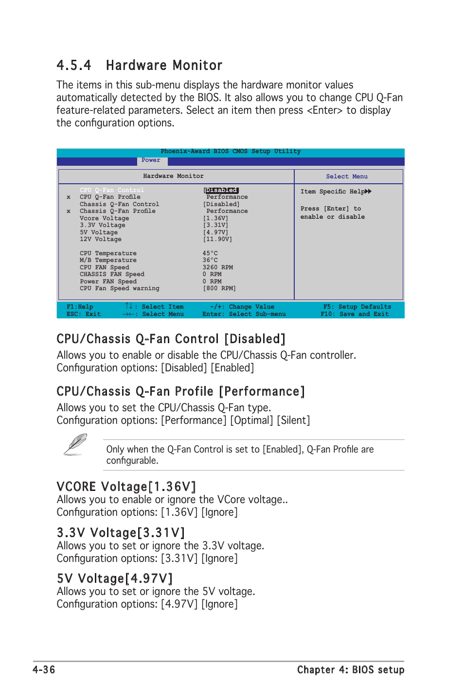 4 hardware monitor, Cpu/chassis q-fan control [disabled, Cpu/chassis q-fan profile [performance | Vcore voltage[1.36v, 3v voltage[3.31v, 5v voltage[4.97v | Asus M2N-E SLI User Manual | Page 94 / 140