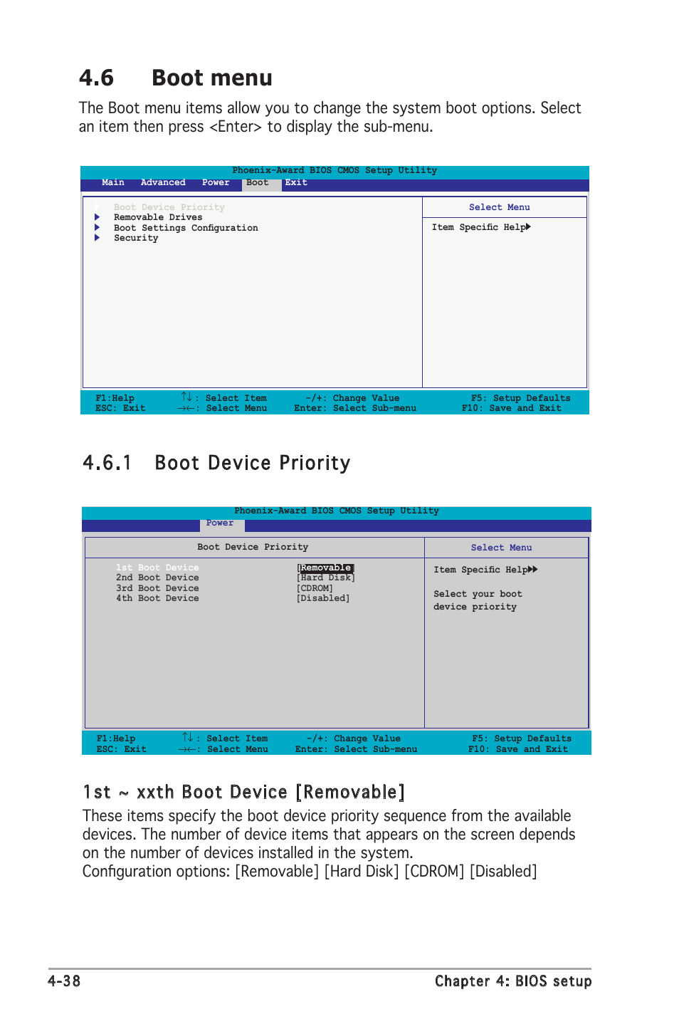 6 boot menu, 1 boot device priority, 1st ~ xxth boot device [removable | Asus M2N-E SLI User Manual | Page 96 / 140