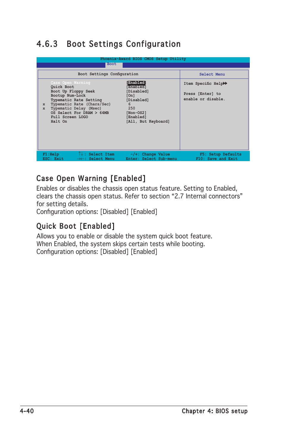 3 boot settings configuration, Case open warning [enabled, Quick boot [enabled | Asus M2N-E SLI User Manual | Page 98 / 140