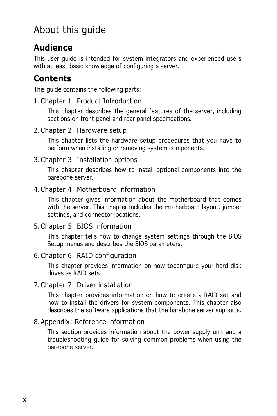 Asus Pedestal/5U Rackmount Server TS500-E4 Server User Manual | Page 10 / 202