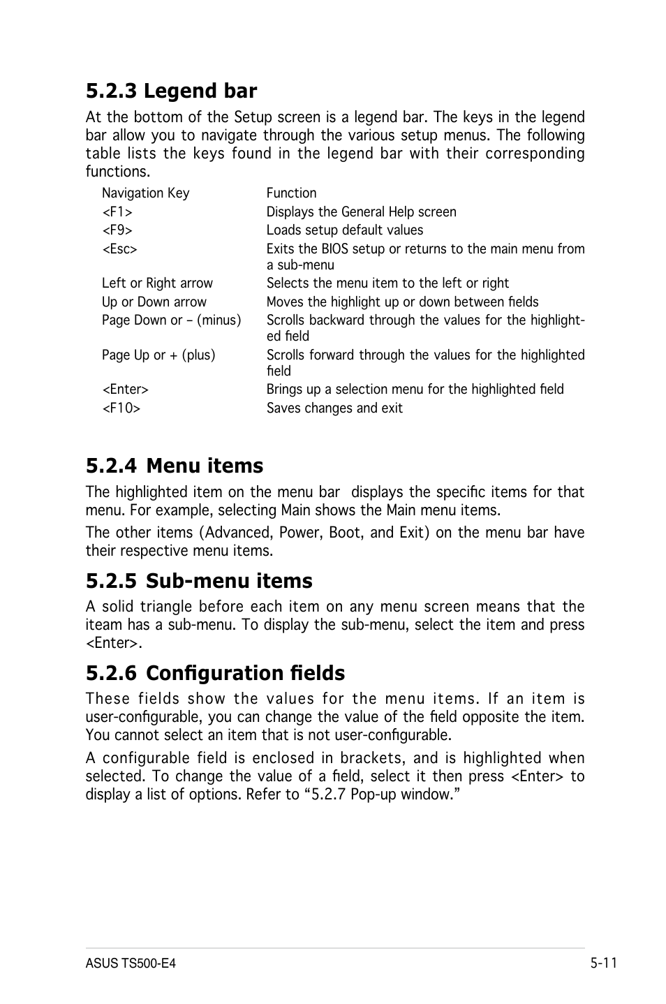 4 menu items, 5 sub-menu items, 6 configuration fields | 3 legend bar | Asus Pedestal/5U Rackmount Server TS500-E4 Server User Manual | Page 105 / 202