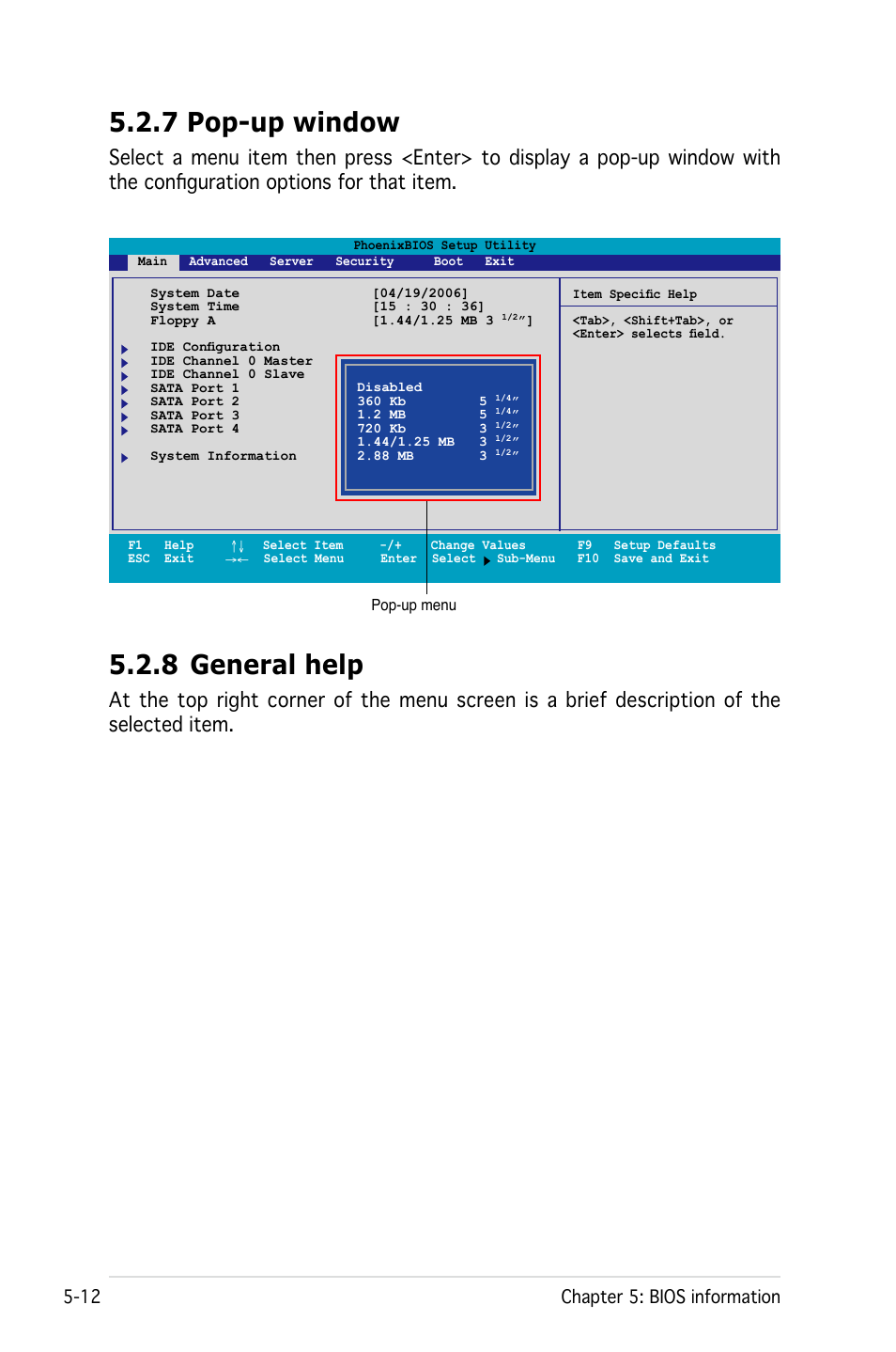 7 pop-up window, 8 general help, 12 chapter 5: bios information | Asus Pedestal/5U Rackmount Server TS500-E4 Server User Manual | Page 106 / 202