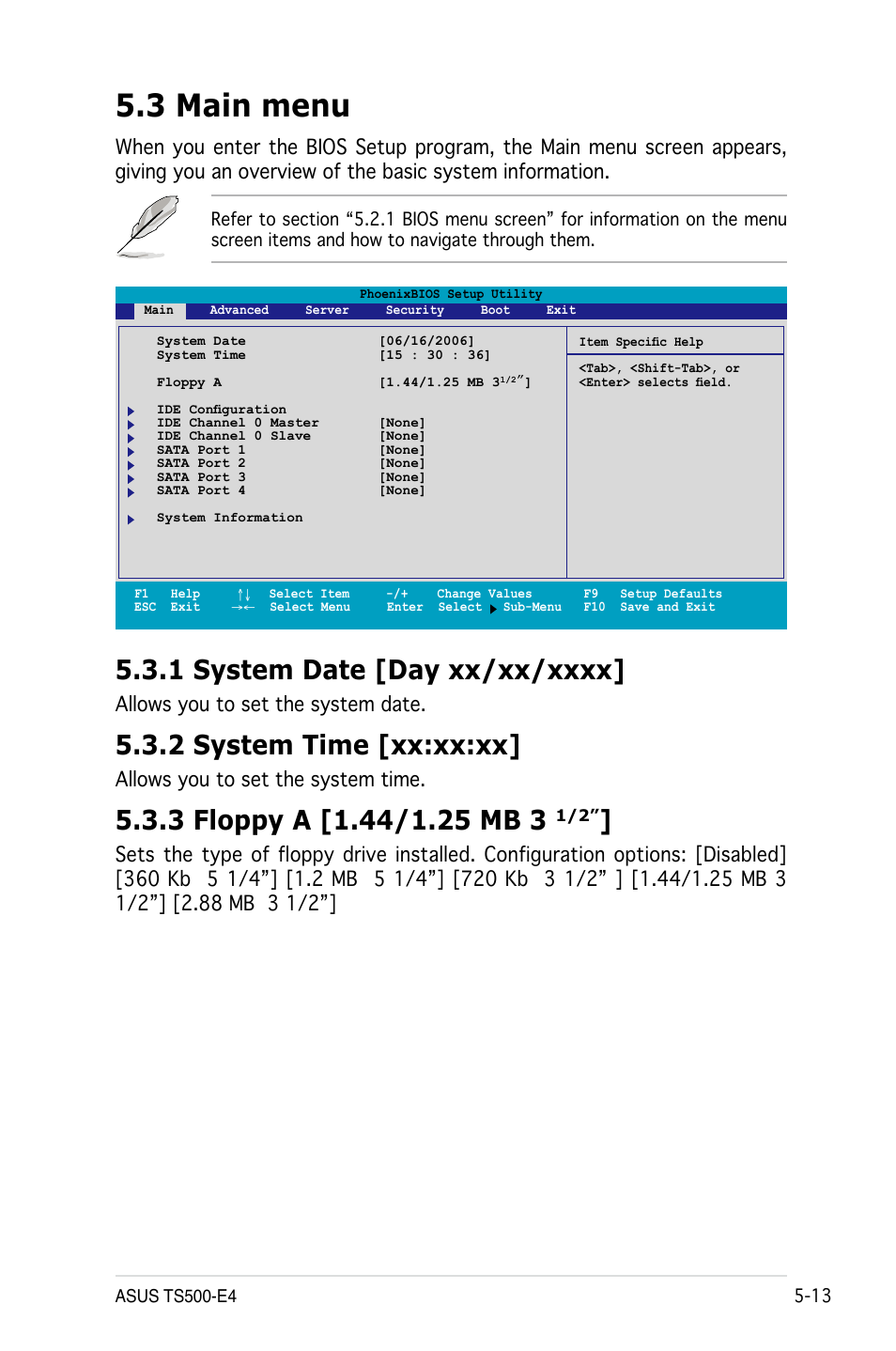 3 main menu, 2 system time [xx:xx:xx, Allows you to set the system date | Allows you to set the system time | Asus Pedestal/5U Rackmount Server TS500-E4 Server User Manual | Page 107 / 202