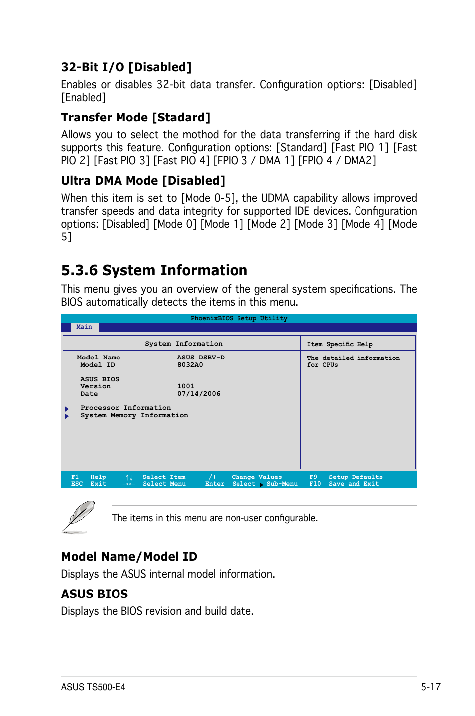 6 system information, Bit i/o [disabled, Transfer mode [stadard | Ultra dma mode [disabled, Model name/model id, Asus bios | Asus Pedestal/5U Rackmount Server TS500-E4 Server User Manual | Page 111 / 202