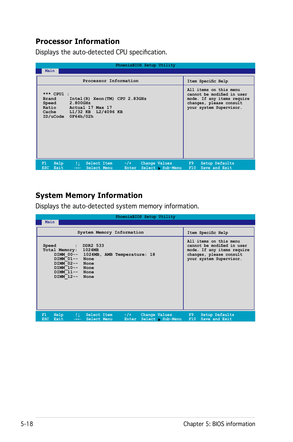 Processor information, Displays the auto-detected cpu specification, 18 chapter 5: bios information | Asus Pedestal/5U Rackmount Server TS500-E4 Server User Manual | Page 112 / 202