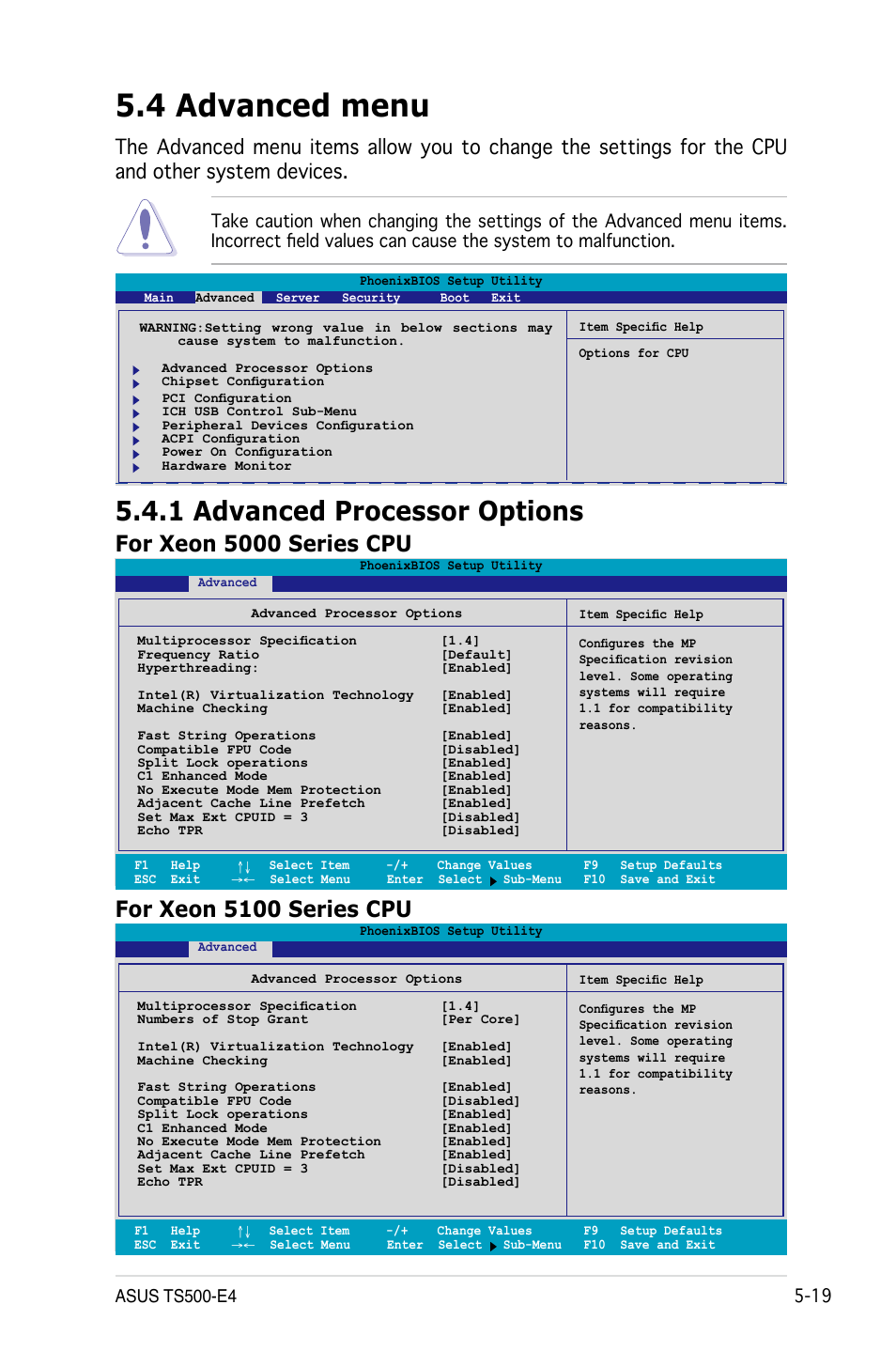 4 advanced menu, 1 advanced processor options | Asus Pedestal/5U Rackmount Server TS500-E4 Server User Manual | Page 113 / 202