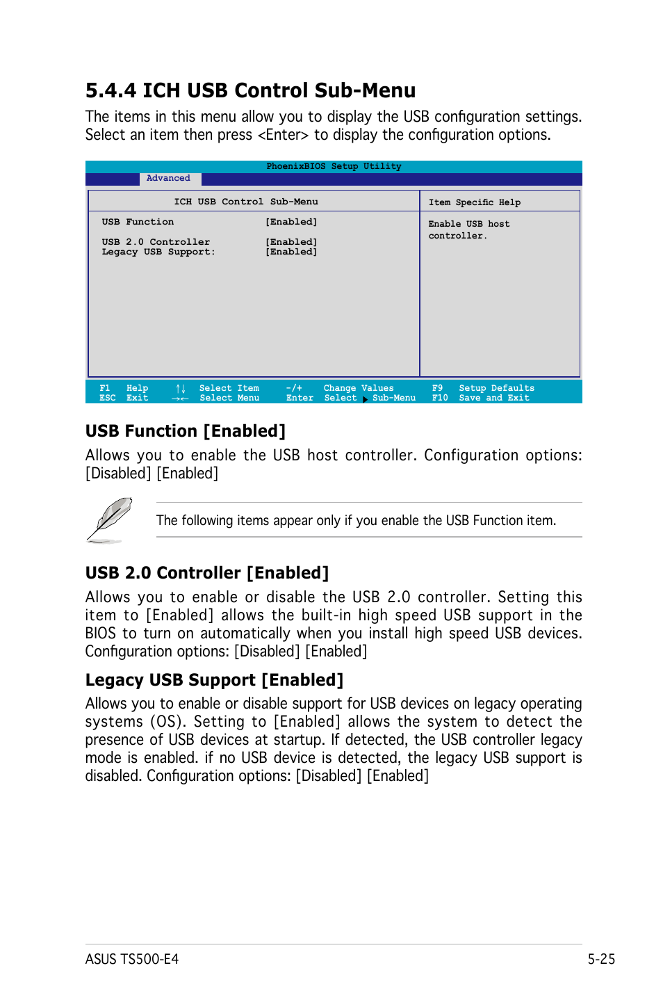 4 ich usb control sub-menu, Usb function [enabled, Usb 2.0 controller [enabled | Legacy usb support [enabled | Asus Pedestal/5U Rackmount Server TS500-E4 Server User Manual | Page 119 / 202