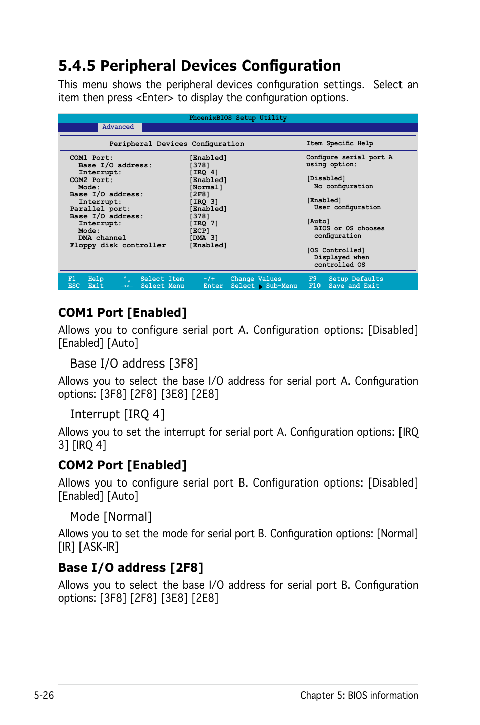 5 peripheral devices configuration, Com1 port [enabled, Base i/o address [3f8 | Interrupt [irq 4, Com2 port [enabled, Mode [normal, Base i/o address [2f8 | Asus Pedestal/5U Rackmount Server TS500-E4 Server User Manual | Page 120 / 202