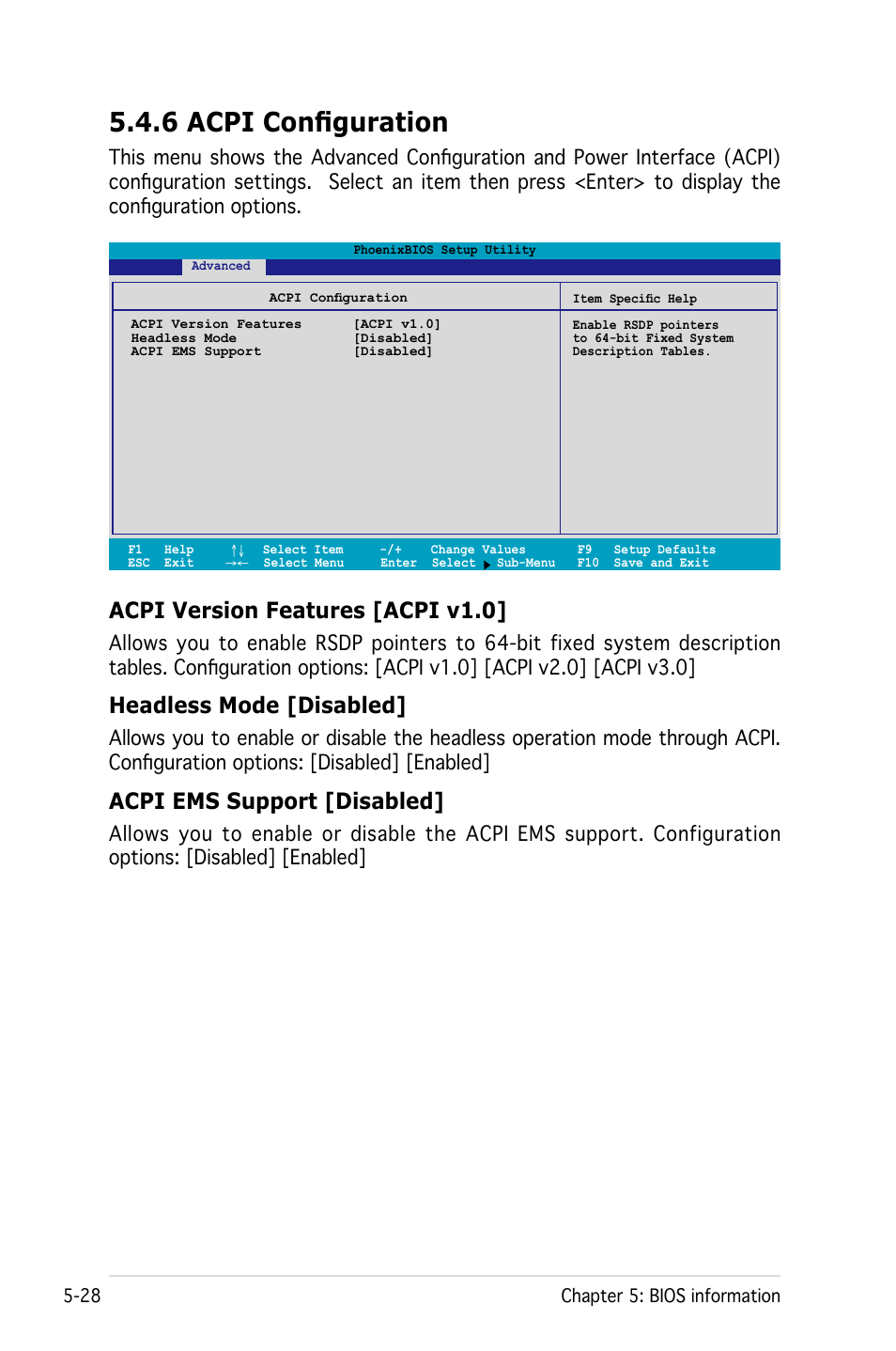 6 acpi configuration, Acpi version features [acpi v1.0, Headless mode [disabled | Acpi ems support [disabled | Asus Pedestal/5U Rackmount Server TS500-E4 Server User Manual | Page 122 / 202