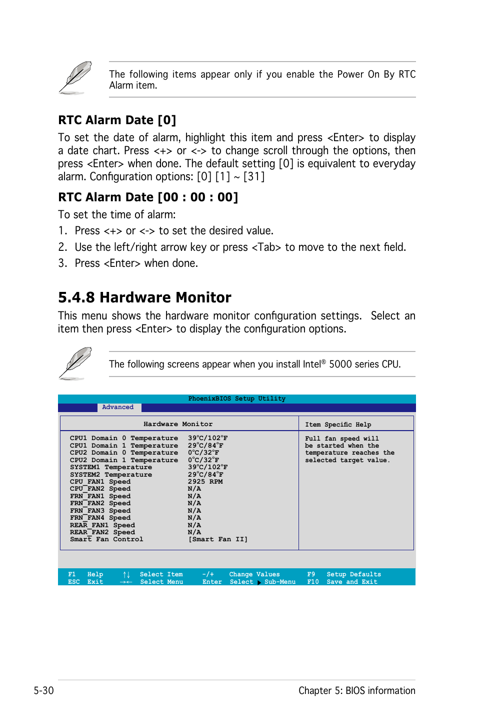 8 hardware monitor, Rtc alarm date [0, 5000 series cpu | Asus Pedestal/5U Rackmount Server TS500-E4 Server User Manual | Page 124 / 202