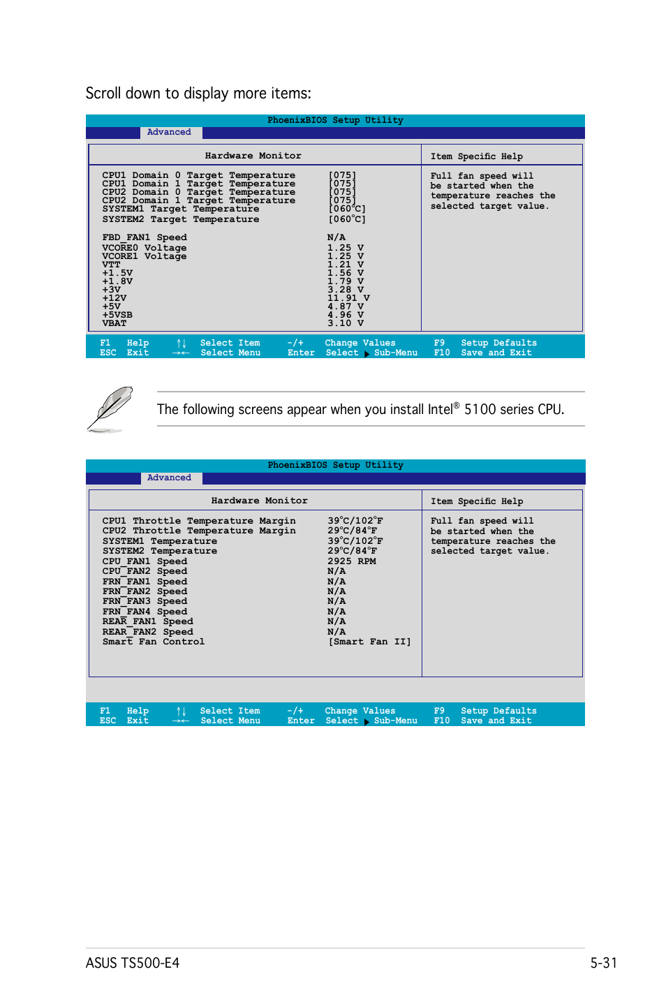 Scroll down to display more items, 5100 series cpu | Asus Pedestal/5U Rackmount Server TS500-E4 Server User Manual | Page 125 / 202