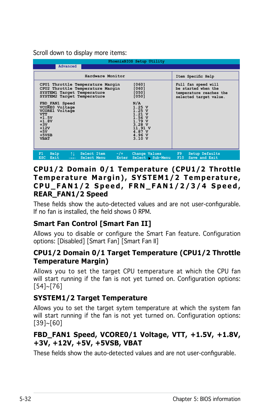 Smart fan control [smart fan ii, System1/2 target temperature, Scroll down to display more items | Asus Pedestal/5U Rackmount Server TS500-E4 Server User Manual | Page 126 / 202