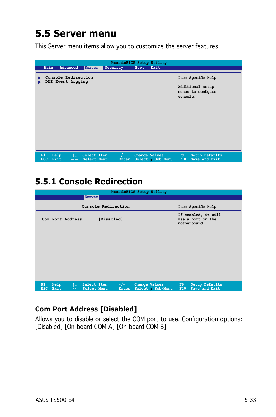 5 server menu, 1 console redirection, Com port address [disabled | Asus Pedestal/5U Rackmount Server TS500-E4 Server User Manual | Page 127 / 202