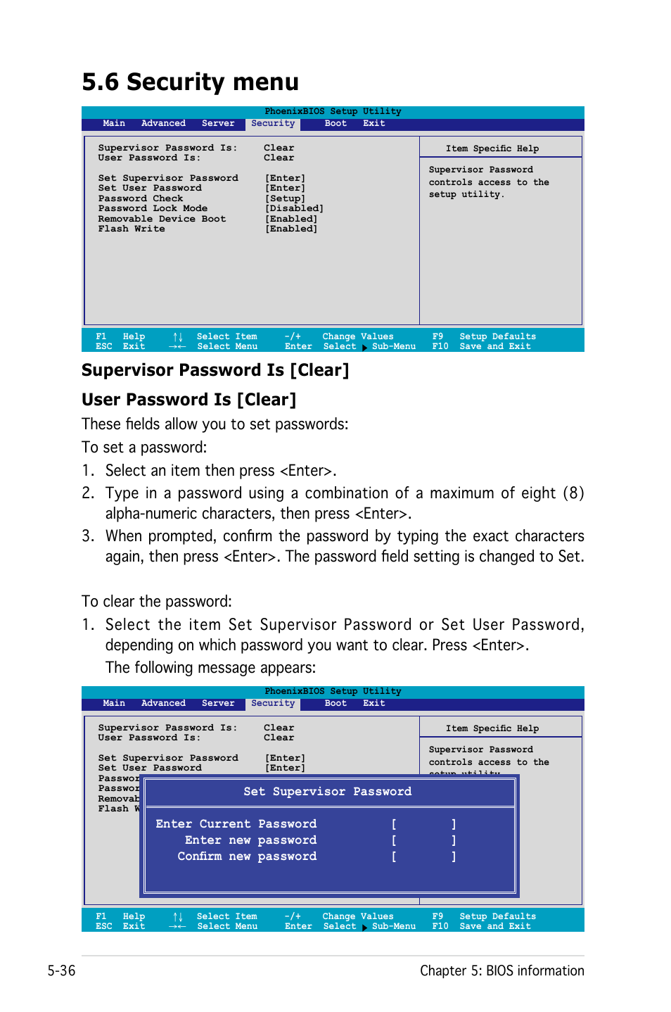 6 security menu | Asus Pedestal/5U Rackmount Server TS500-E4 Server User Manual | Page 130 / 202