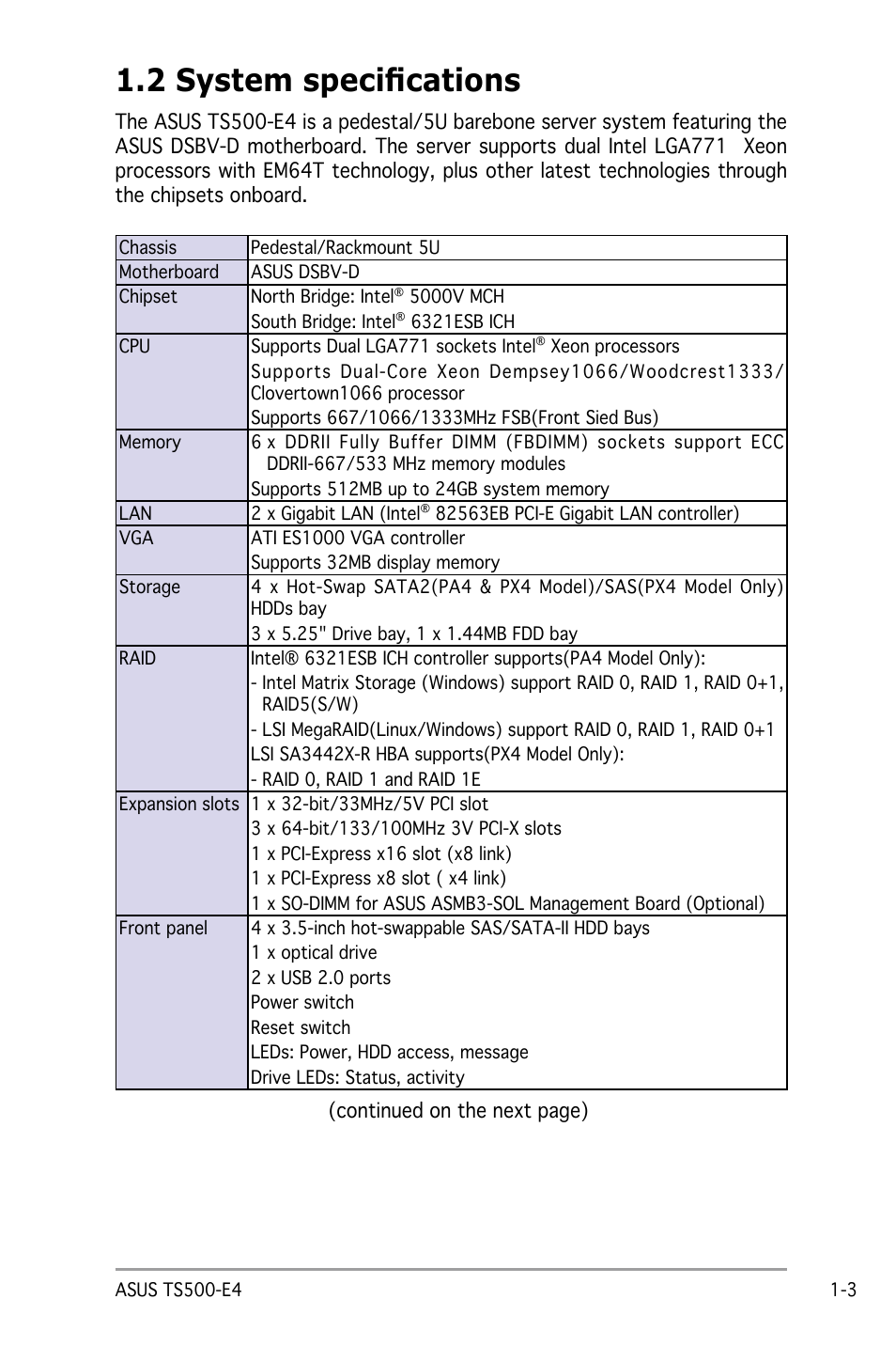 2 system specifications | Asus Pedestal/5U Rackmount Server TS500-E4 Server User Manual | Page 15 / 202