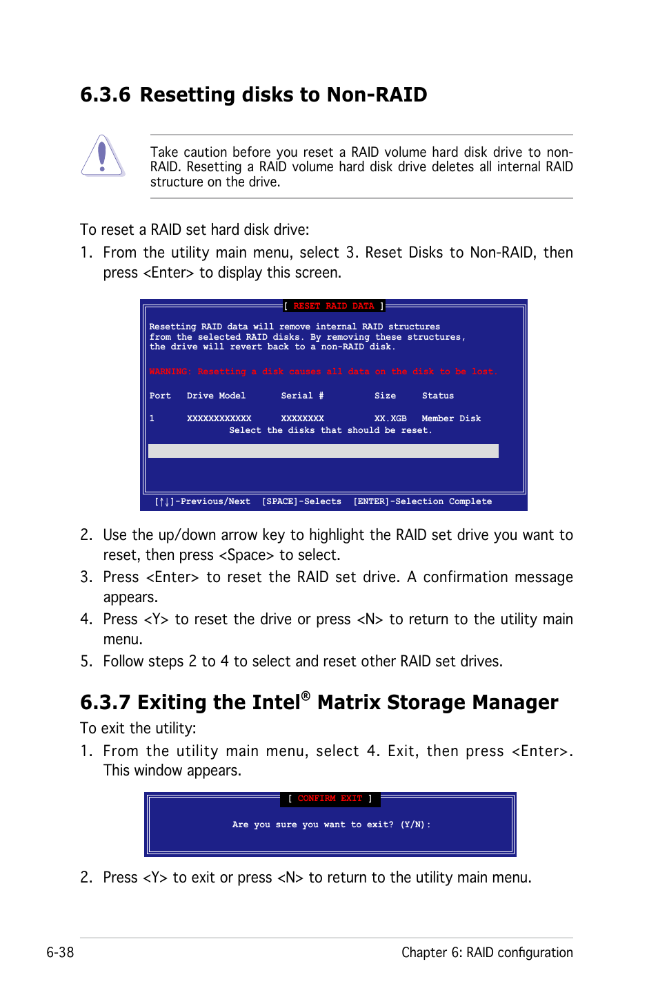 7 exiting the intel, Matrix storage manager, 6 resetting disks to non-raid | Asus Pedestal/5U Rackmount Server TS500-E4 Server User Manual | Page 174 / 202