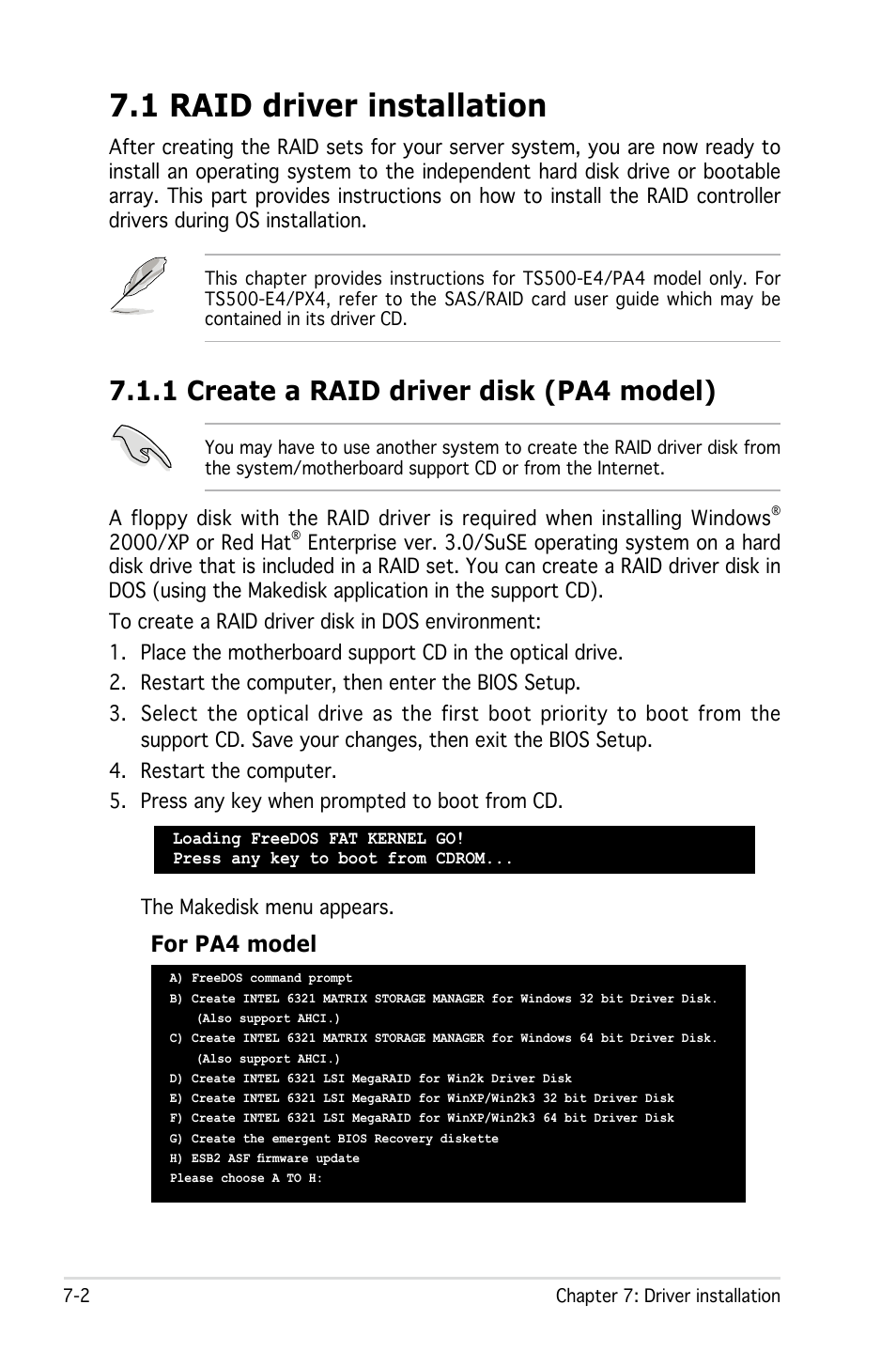 1 raid driver installation, 1 create a raid driver disk (pa4 model), For pa4 model | Asus Pedestal/5U Rackmount Server TS500-E4 Server User Manual | Page 178 / 202