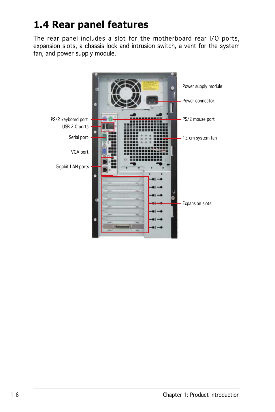 4 rear panel features | Asus Pedestal/5U Rackmount Server TS500-E4 Server User Manual | Page 18 / 202