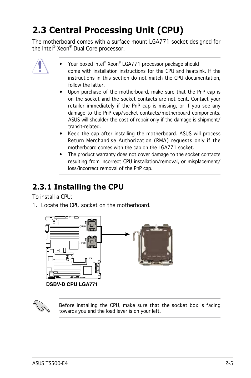 3 central processing unit (cpu), 1 installing the cpu | Asus Pedestal/5U Rackmount Server TS500-E4 Server User Manual | Page 27 / 202